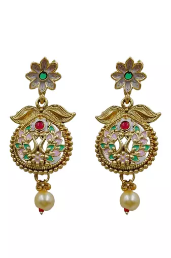 Ethnic gold-plated kundan & pearls meenakari long necklace set with earrings for women