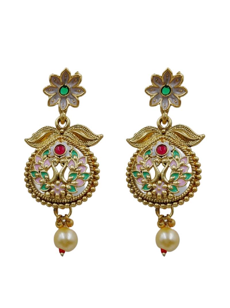Ethnic gold-plated kundan & pearls meenakari long necklace set with earrings for women
