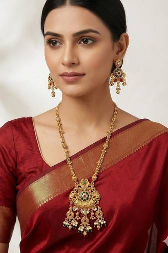 Women gold-plated antique temple long necklace & earrings set