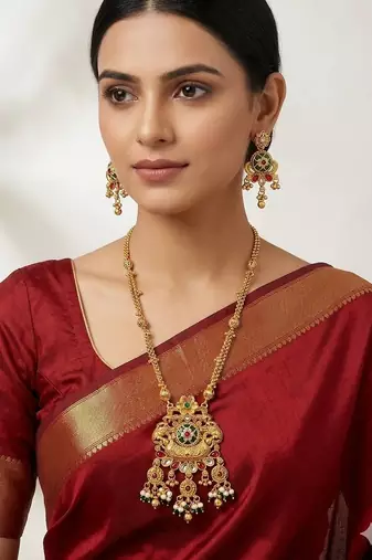 Women gold-plated antique temple long necklace & earrings set