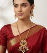 Women gold-plated antique temple long necklace & earrings set