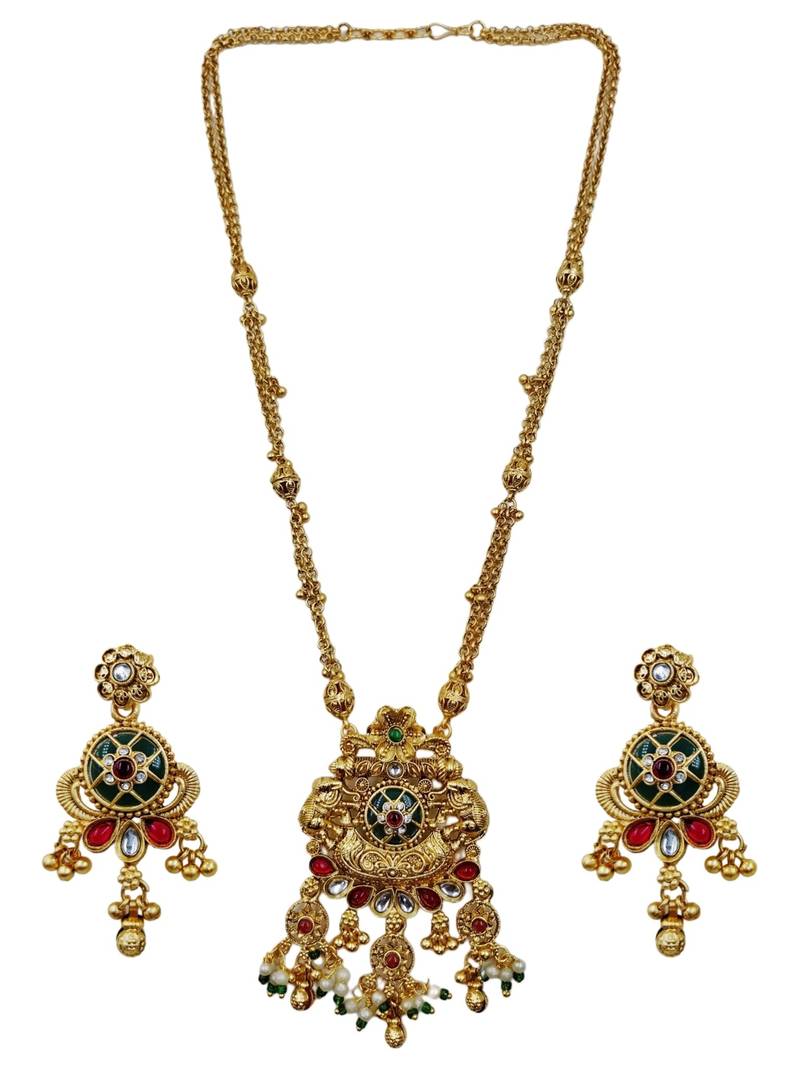 Women gold-plated antique temple long necklace & earrings set