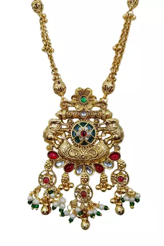 Women gold-plated antique temple long necklace & earrings set