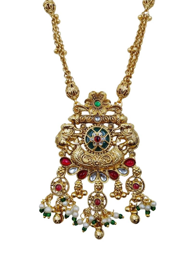 Women gold-plated antique temple long necklace & earrings set