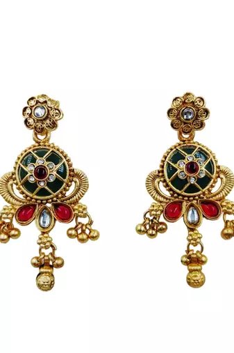 Women gold-plated antique temple long necklace & earrings set