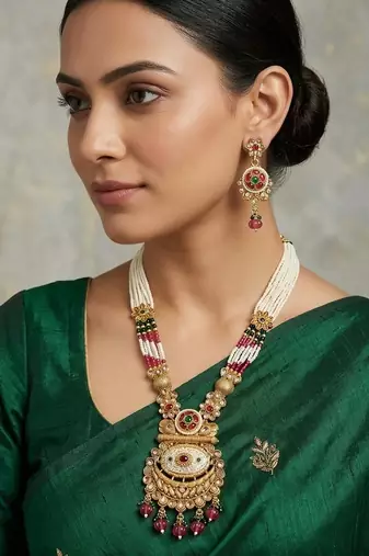 Women gold-plated antique temple long necklace & earrings set
