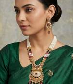 Women gold-plated antique temple long necklace & earrings set