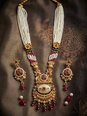 Women gold-plated antique temple long necklace & earrings set 2