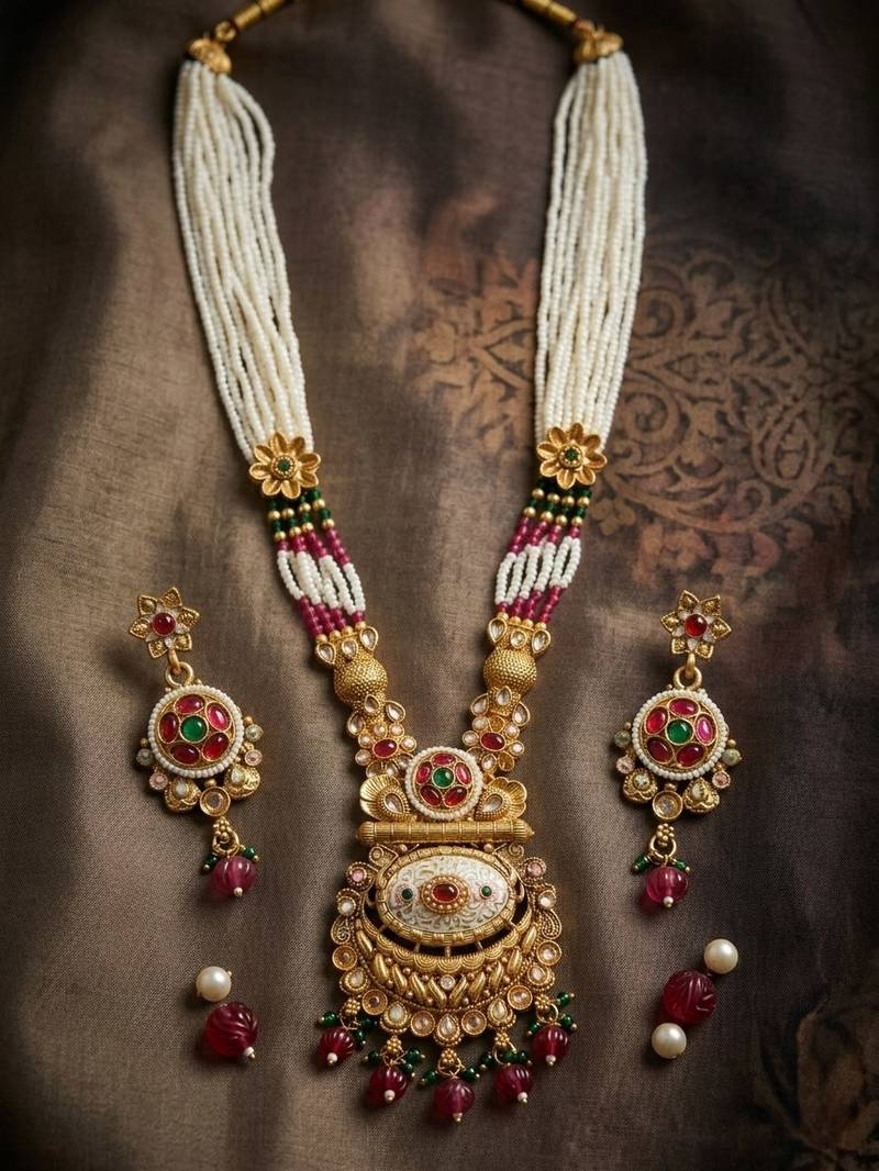 Women gold-plated antique temple long necklace & earrings set