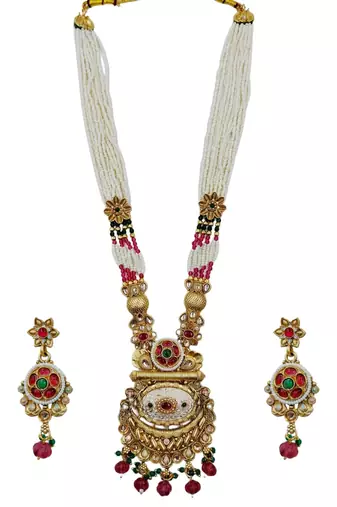 Women gold-plated antique temple long necklace & earrings set