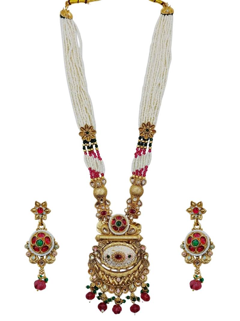 Women gold-plated antique temple long necklace & earrings set