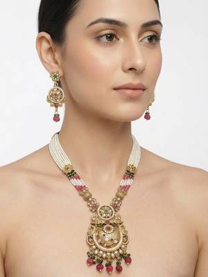 Women gold-plated antique temple long necklace & earrings set 1