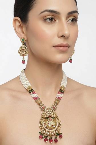 Women gold-plated antique temple long necklace & earrings set