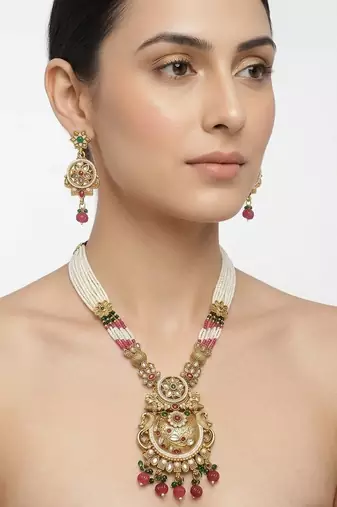 Women gold-plated antique temple long necklace & earrings set