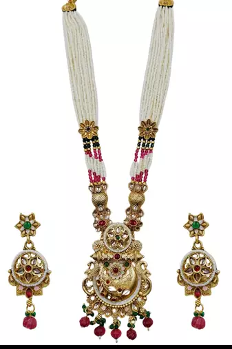 Women gold-plated antique temple long necklace & earrings set