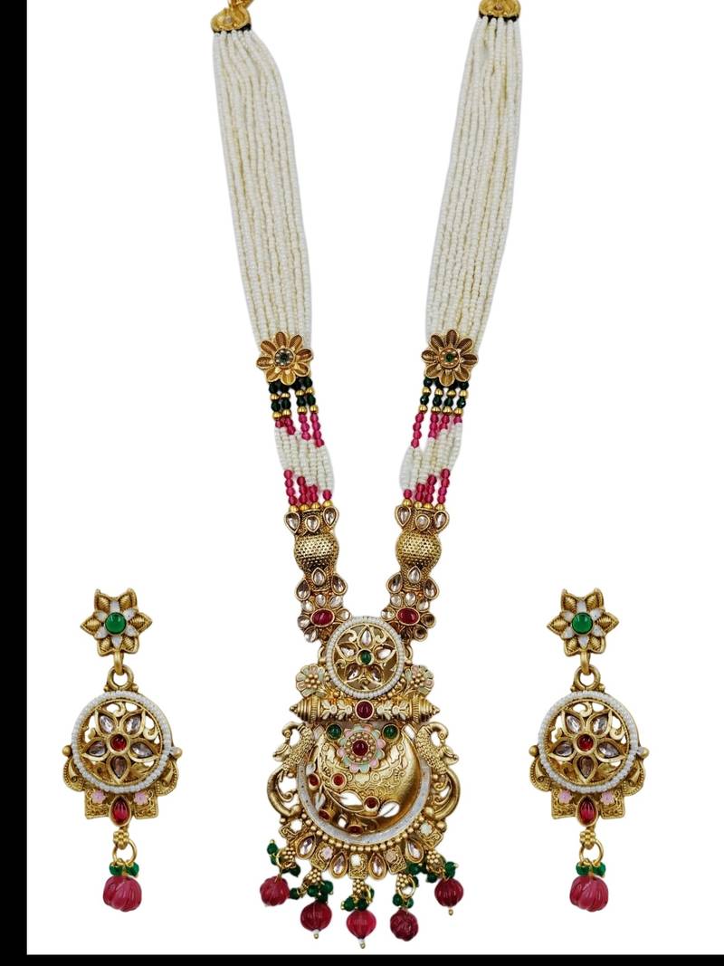 Women gold-plated antique temple long necklace & earrings set