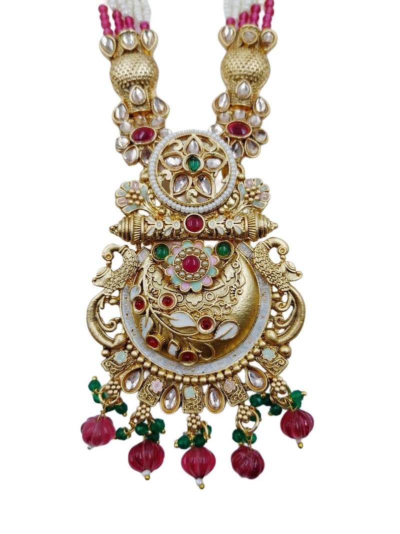 Women gold-plated antique temple long necklace & earrings set