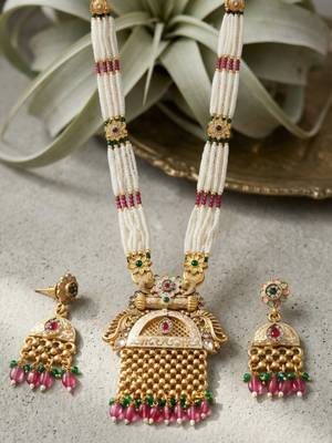 Women gold-plated antique temple long necklace & earrings set 1