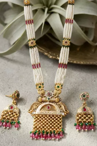 Women gold-plated antique temple long necklace & earrings set