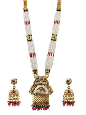 Women gold-plated antique temple long necklace & earrings set 2