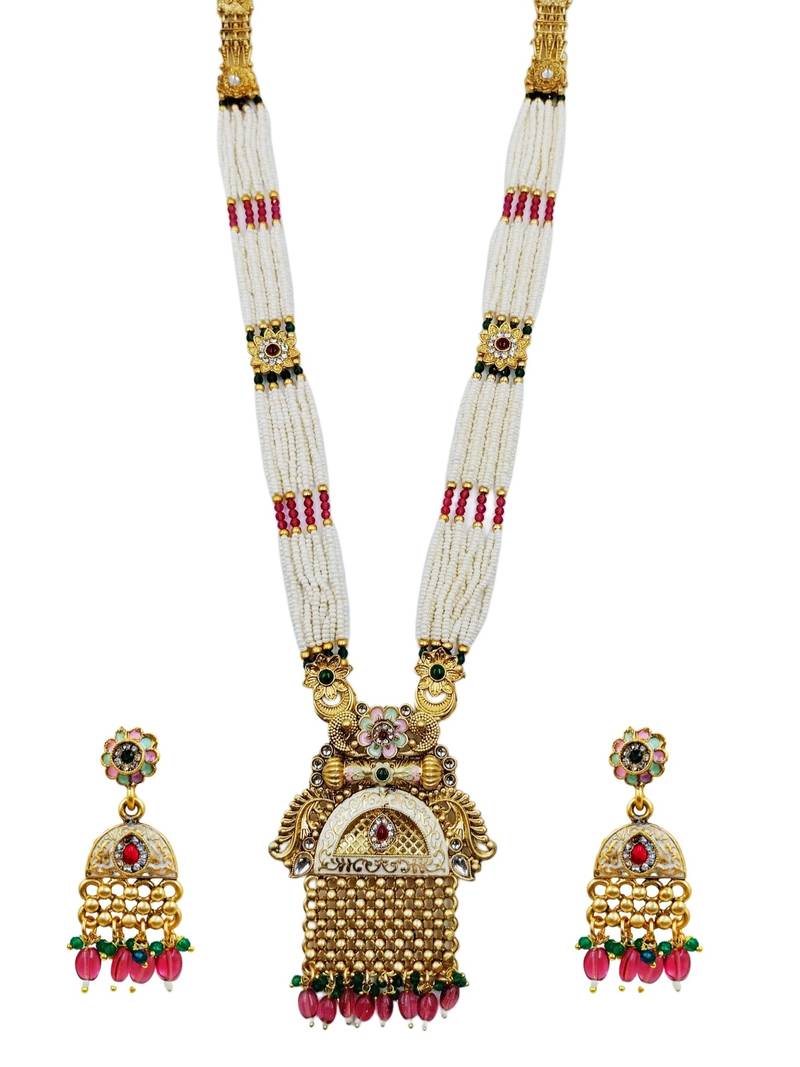 Women gold-plated antique temple long necklace & earrings set