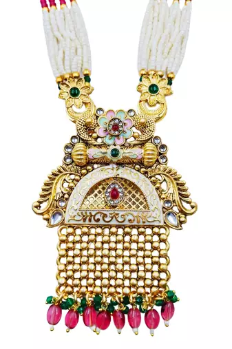 Women gold-plated antique temple long necklace & earrings set