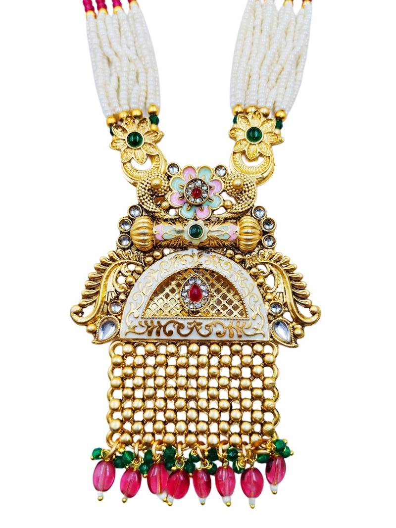 Women gold-plated antique temple long necklace & earrings set