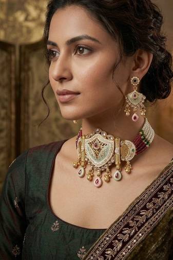 Traditional gold-plated kundan & meenakari choker jewellery set for women