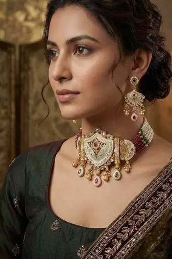 Traditional gold-plated kundan & meenakari choker jewellery set for women