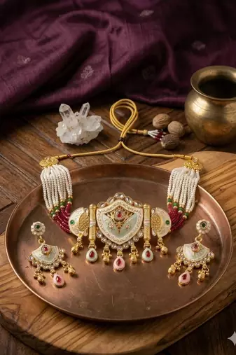 Traditional gold-plated kundan & meenakari choker jewellery set for women