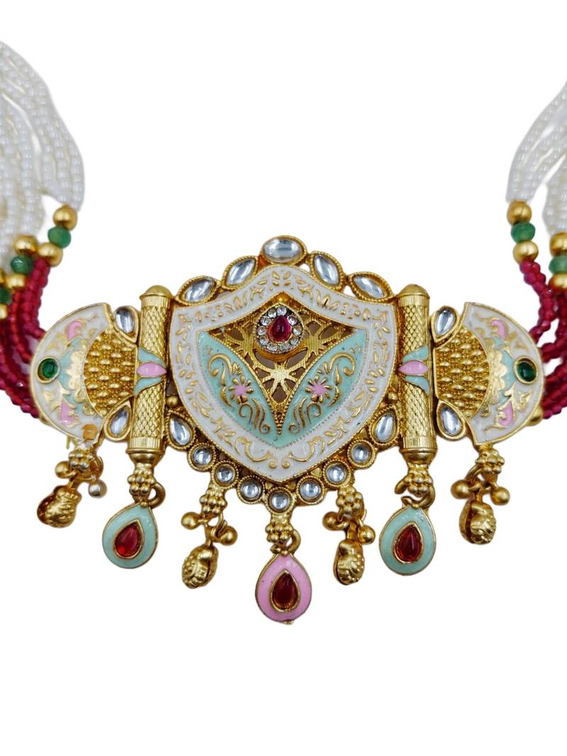 Traditional gold-plated kundan & meenakari choker jewellery set for women