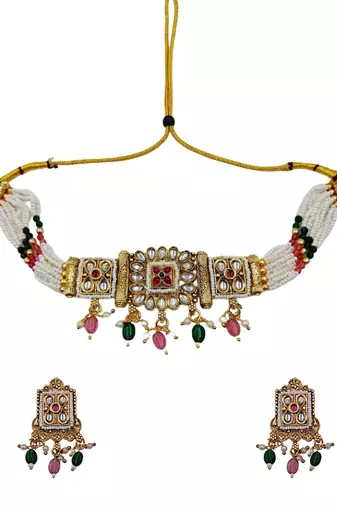 Traditional gold-plated kundan & meenakari choker jewellery set for women