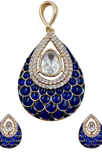 Women blue gold-plated ad-studded teardrop pendant with earrings jewellery set