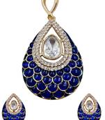 Women blue gold-plated ad-studded teardrop pendant with earrings jewellery set