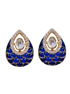 Women blue gold-plated ad-studded teardrop pendant with earrings jewellery set 3