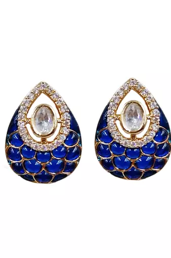 Women blue gold-plated ad-studded teardrop pendant with earrings jewellery set