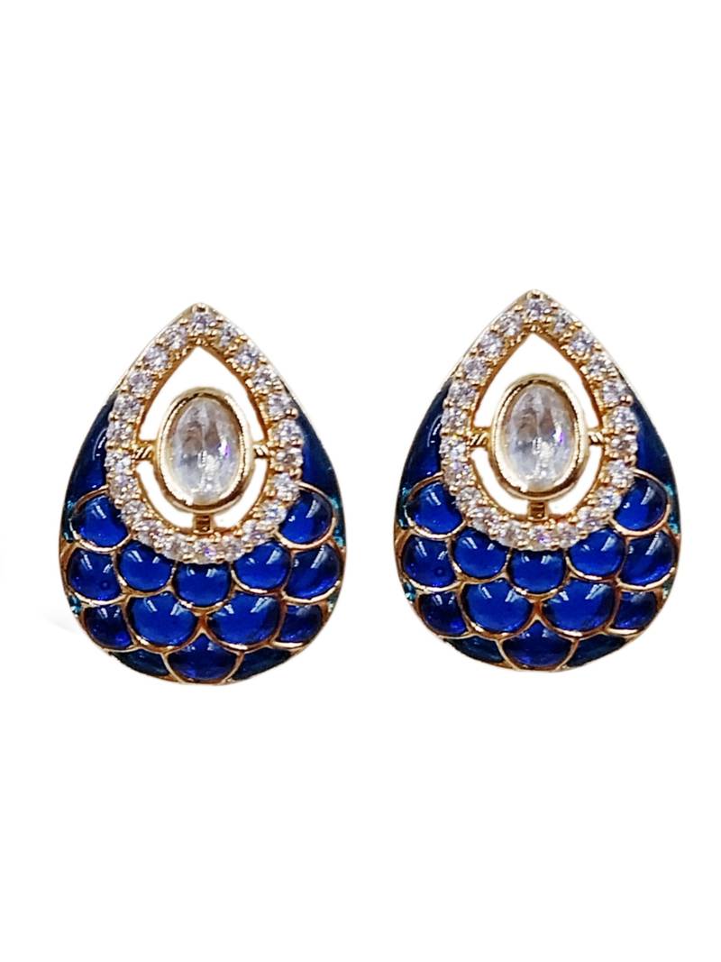 Women blue gold-plated ad-studded teardrop pendant with earrings jewellery set