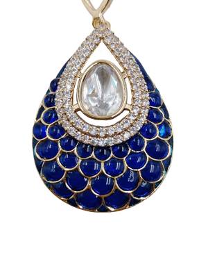 Women blue gold-plated ad-studded teardrop pendant with earrings jewellery set 4