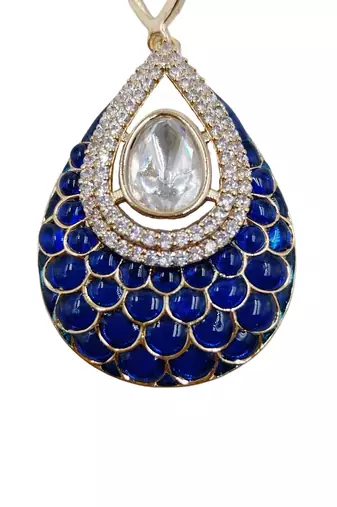Women blue gold-plated ad-studded teardrop pendant with earrings jewellery set
