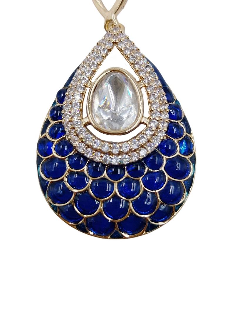 Women blue gold-plated ad-studded teardrop pendant with earrings jewellery set