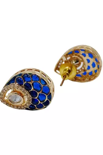 Women blue gold-plated ad-studded teardrop pendant with earrings jewellery set