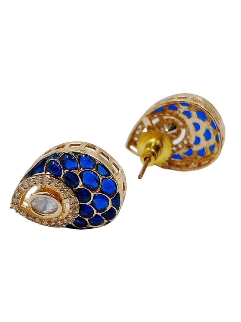 Women blue gold-plated ad-studded teardrop pendant with earrings jewellery set