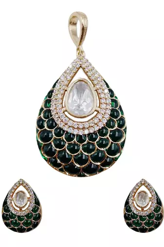 Women green gold-plated ad-studded teardrop pendant with earrings jewellery set