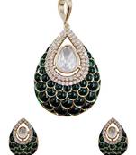 Women green gold-plated ad-studded teardrop pendant with earrings jewellery set
