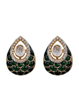 Women green gold-plated ad-studded teardrop pendant with earrings jewellery set 3