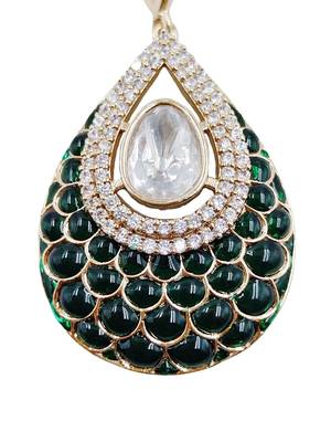 Women green gold-plated ad-studded teardrop pendant with earrings jewellery set 4