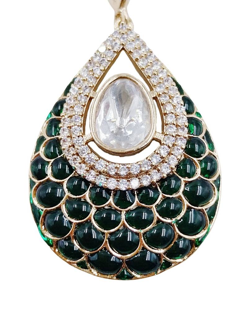 Women green gold-plated ad-studded teardrop pendant with earrings jewellery set