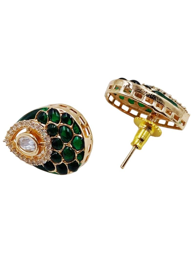 Women green gold-plated ad-studded teardrop pendant with earrings jewellery set