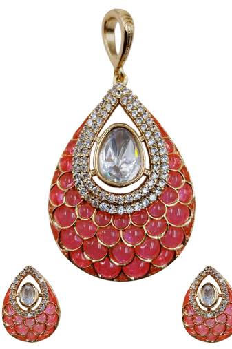 Women pink gold-plated ad-studded teardrop pendant with earrings jewellery set