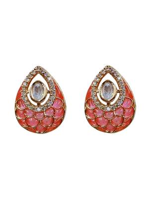 Women pink gold-plated ad-studded teardrop pendant with earrings jewellery set 3